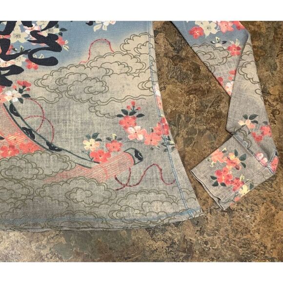 LUCKY BRAND TATTOO Asian PRINT THERMAL WAFFLE WEAVE BOHO SHIRT TOP sz M - Picture 3 of 6